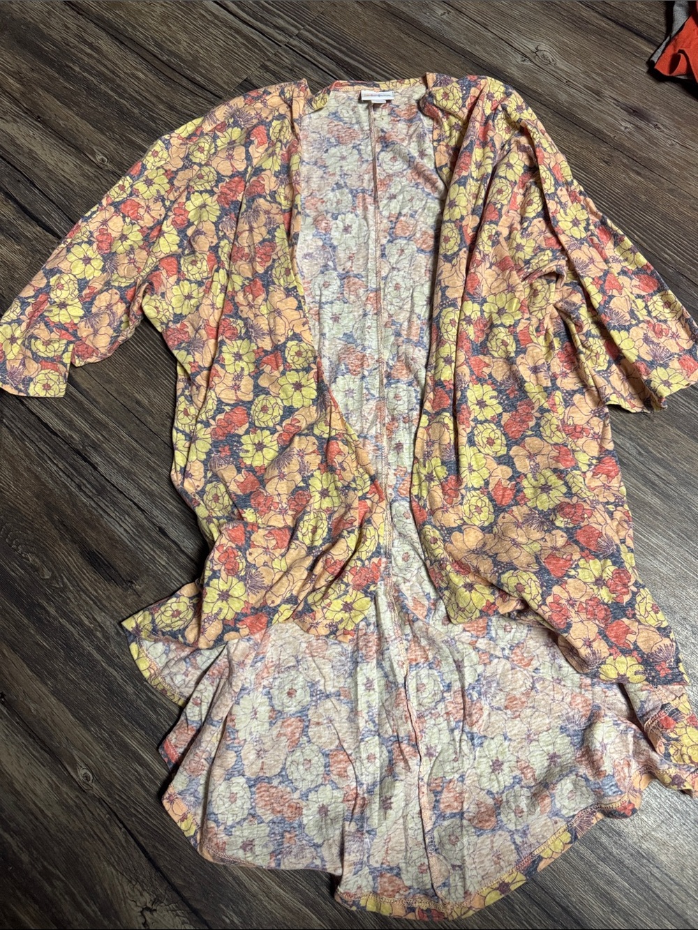 LuLaRoe Floral Open Front Kimono in Yellow, Orange, Purple